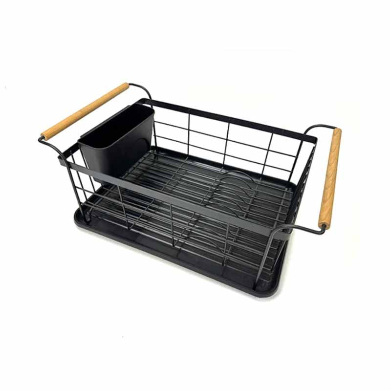 Secaplatos Metal Negro Asa Madera Con Base Y Cubertero 45x32x16cm