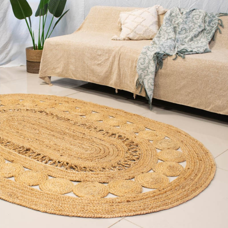 Alfombra yute natural ovalada calada 230x160cm trabajo artesanal belleza funcional