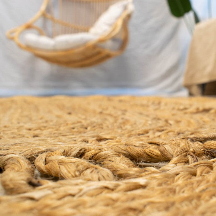 Alfombra yute redonda círculos 180cm patrón geométrico natural textura estilo