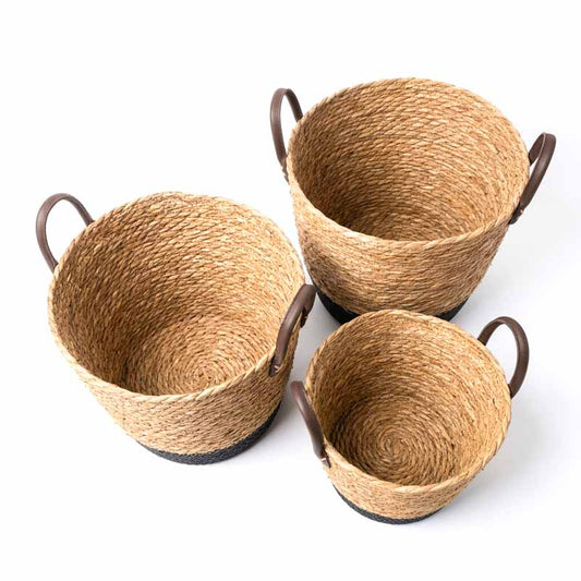 Canasto X3pcs Asa Ecocuero Combinado Negro Fibra Natural - vista 2