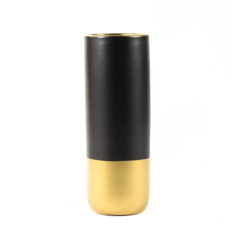 Florero cerámica mate negro dorado 28x10cm decoración moderna sofisticada