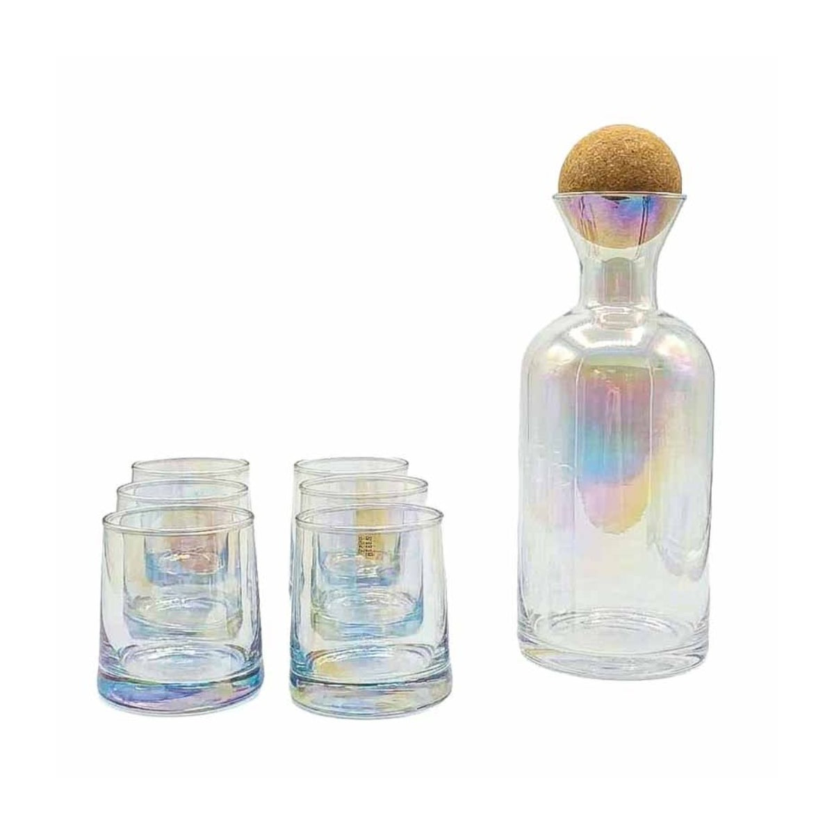 Juego de jarra de vidrio 1,5 L con tapa de corcho y 6 vasos de vidrio de 260 ml