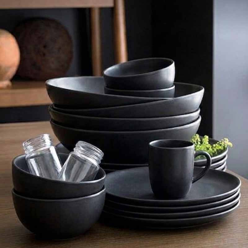 Set X16 Pcs Vajilla Ceramica Negro