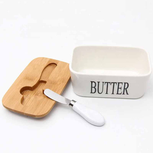 Mantequera Rectangular Ceramica Base Bamboo C/Untador