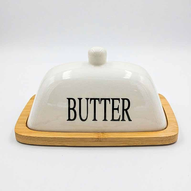Mantequera Rectangular Tapa Ceramica Base Bambo