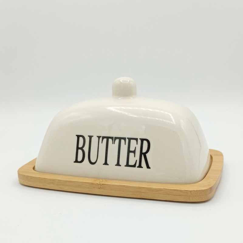 Mantequera Rectangular Tapa Ceramica Base Bambo