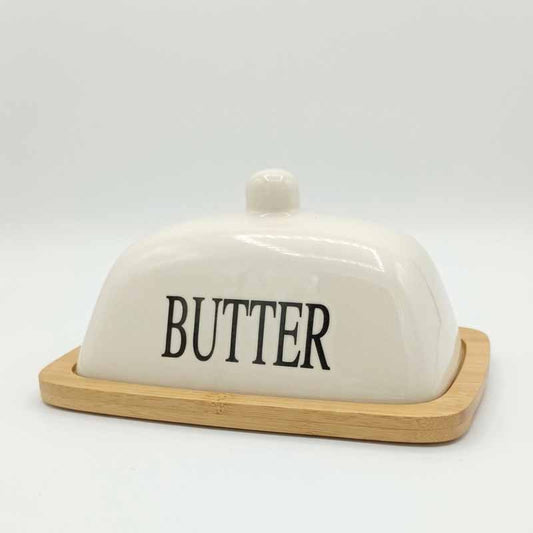 Mantequera Rectangular Tapa Ceramica Base Bambo