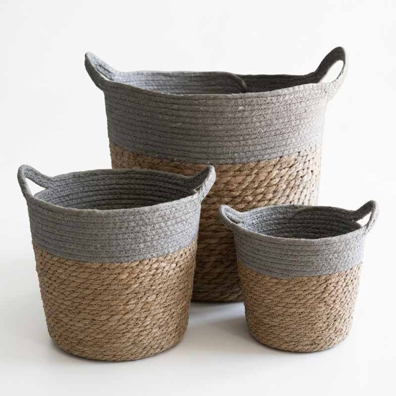 Set de 3 canastos de fibra natural con asas combinadas en algodón gris, cestos organizadores tejidos - Guay Buby