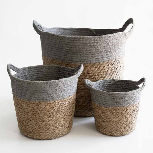 Set de 3 canastos de fibra natural con asas combinadas en algodón gris, cestos organizadores tejidos - Guay Buby