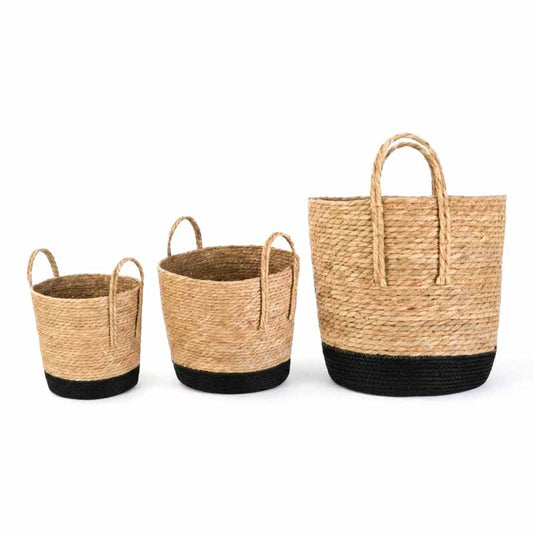Set de 3 canastos de fibra natural tejida con asas combinadas en negro, cestos organizadores para el hogar - Guay Buby