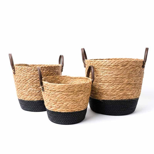 Set de 3 canastos de fibra natural tejida con asas de ecocuero negro, cestos organizadores para el hogar - Guay Buby