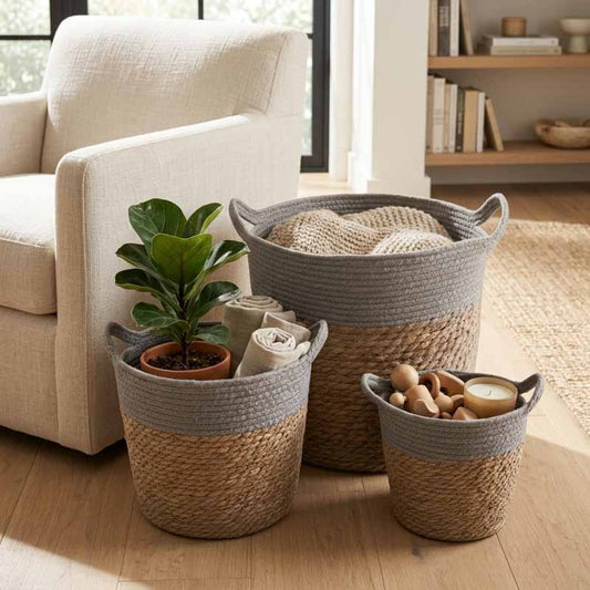 Canasto X3pcs Asa Combinado Gris Algodon Fibra Natural - vista 2