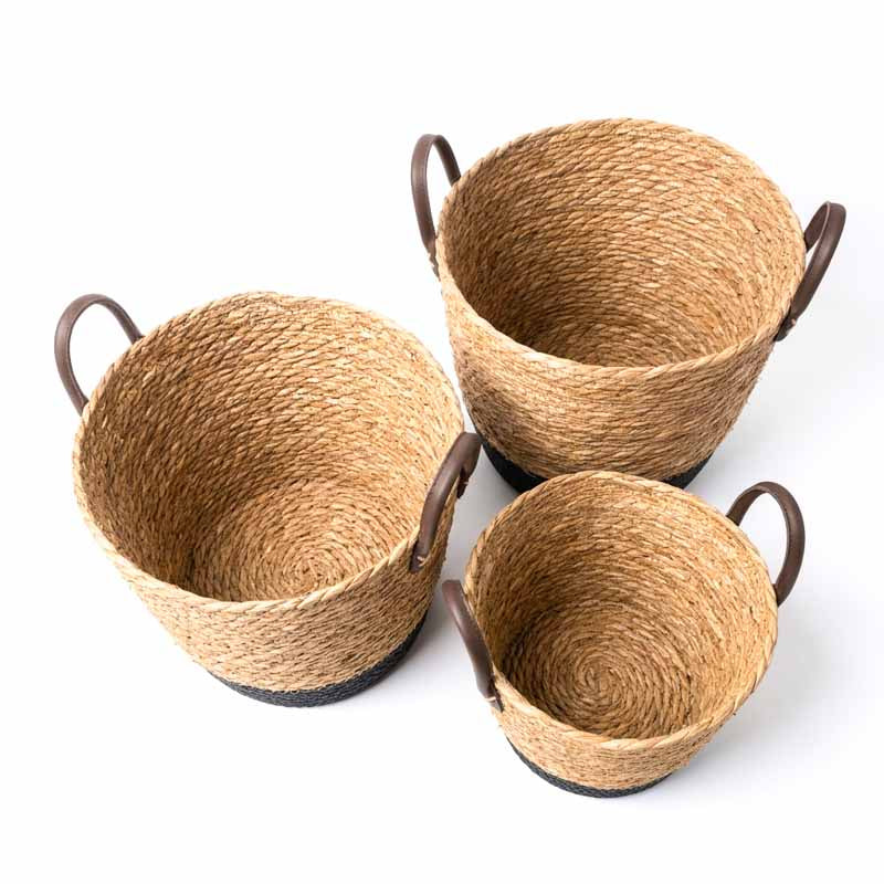 Set canastos fibra natural asa ecocuero detalle