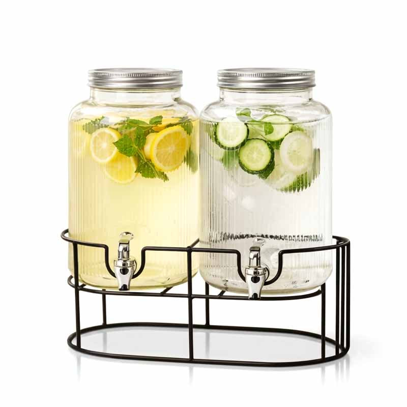 Dispenser doble de vidrio 3.8 litros con relieve y base de metal, dispensador para bebidas y aguas saborizadas - Guay Buby
