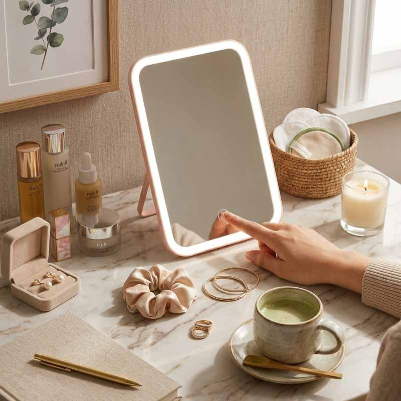 Espejo de maquillaje LED táctil con base ajustable - detalle