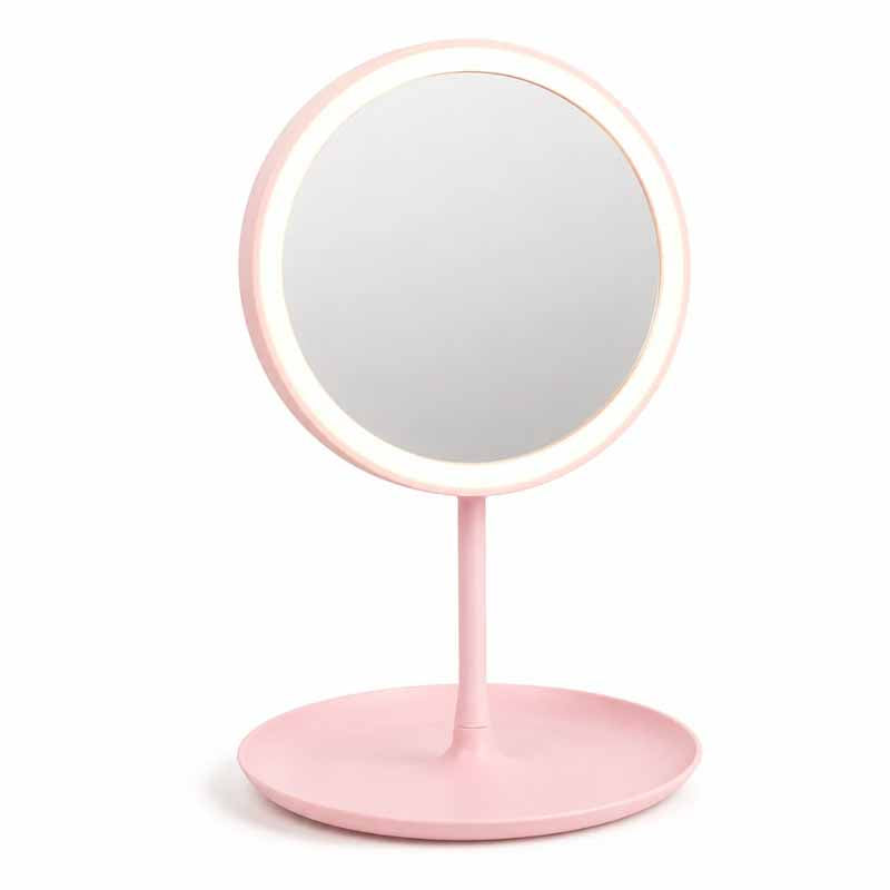 Espejo con pie y luz LED color rosa - vista lateral