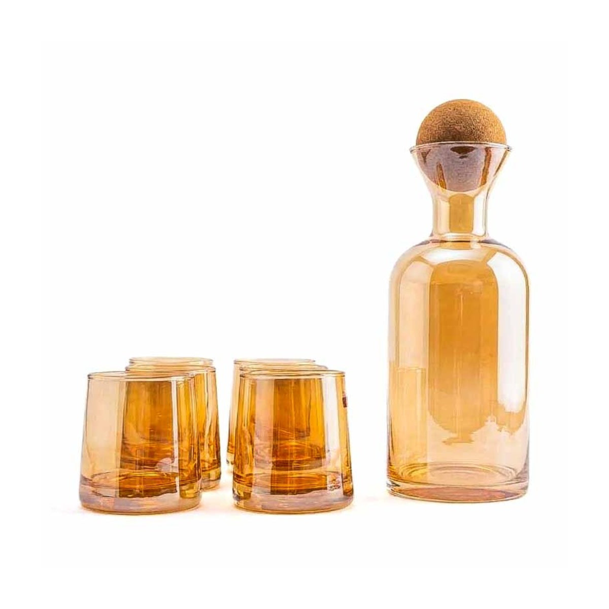 Jarra de vidrio 1,5 L con tapa de corcho natural y vasos de 260 ml para servir