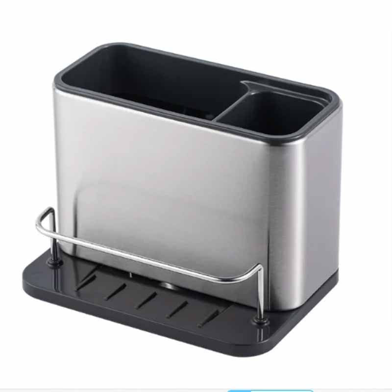 Organizador de acero inoxidable para bacha con dos compartimentos y bandeja escurridora