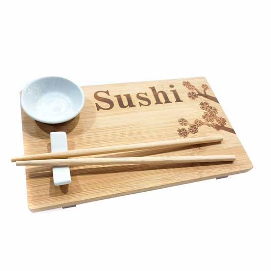 Set de tabla de bambú para sushi con grabado floral, cuenco de cerámica y palitos de bambú