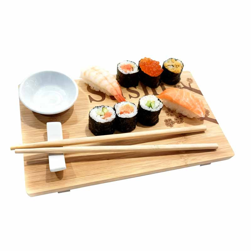 Juego completo para sushi con tabla de bambú, cuenco y palillos