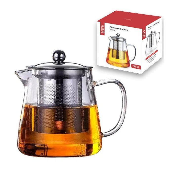 Tetera de vidrio con infusor y tapa de acero inoxidable de 750ml
